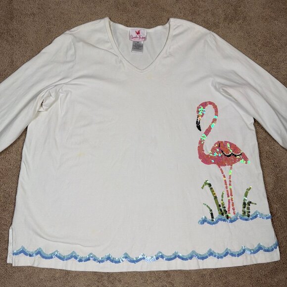 Quacker Factory Shirt Women 3X White Sequined Flamingo Beach Vintage Y2K 90s QVC - Picture 1 of 9